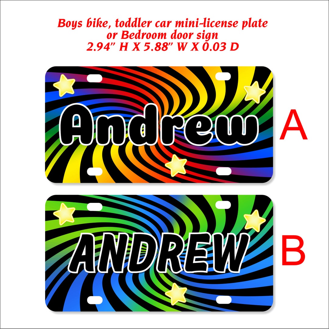 Boys Bike Name Plate, Mini License Plate, Bedroom Door Sign, Rainbow