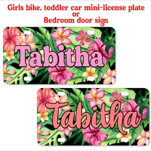 Girls Bike Name Plate, Mini License Plate, Bedroom Door Sign, Personalized Gift - TROPICAL