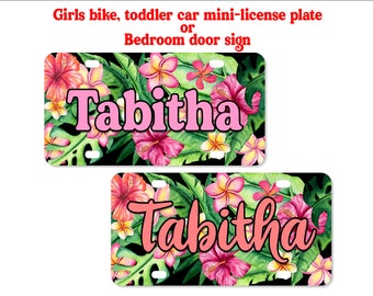 Girls Bike Name Plate, Mini License Plate, Bedroom Door Sign, Personalized Gift - TROPICAL