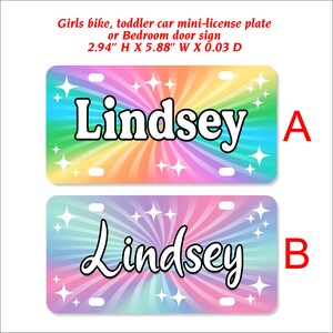 Girls Bike Name Plate, Mini License Plate, Bedroom Door Sign, Rainbow Swirl Personalized Gift - RAINBOW4