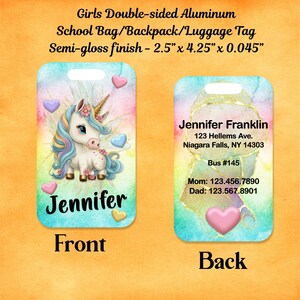 Girl Unicorn School Bag Tag, Luggage Tag, Identification Tag, Aluminum Bag Tag, Gift Idea - UNICORN