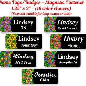 Floral Name Tag, Name Badge, Personalized Custom ID Tag, Magnetic Fastener - FLORAL3