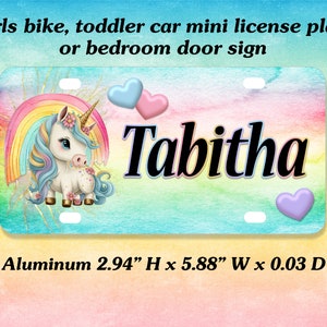 Girls Bike Name Plate, Mini License Plate, Bedroom Door Sign, Unicorn and Rainbow Personalized Gift - UNICORN3