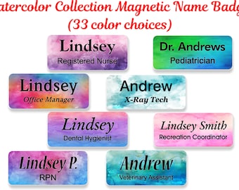 Name Badge, Name Tag, Personalized Custom ID Tag, Magnetic Fastener - BLANK2 WATERCOLOR