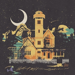 May include: A graphic illustration of a multi-storey house with a central tower, a white picket fence, and a crescent moon in a dark starry sky. A spilled cocktail glass with a lime wedge sits on the ground in the foreground of the scene.