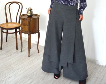 Grey Palazzo Pants,Wide Leg Pants Women,Autumn Winter Plus Size Clothing for Women,Minimalist Pants, Wool Pants,ATTITUDE157 Trousers,AT00768