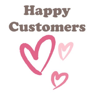 May include: Happy Customers text in brown with three pink hearts, two smaller hearts and one larger heart.