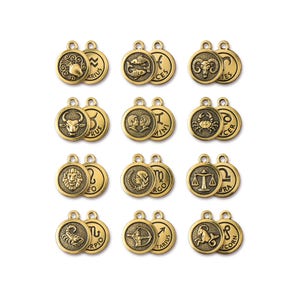 Antique Gold-Plated Zodiac Charm: Double-Sided Astrology Pendant (15.75mm)