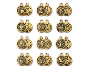 Zodiac Charm, Antique Gold-Plated Double-Sided Astrology Charms, Leo Zodiac Charms, Gemini, Libra, Taurus, Aries, Pisces (T911)