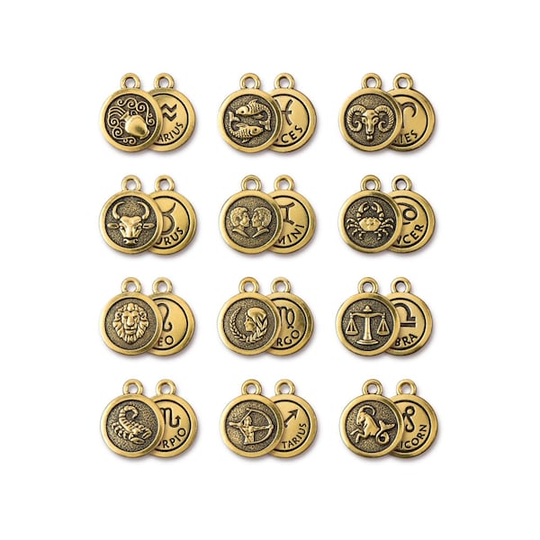 Zodiac Charm, Antique Gold-Plated Double-Sided Astrology Charms, Leo Zodiac Charms, Gemini, Libra, Taurus, Aries, Pisces (T911)