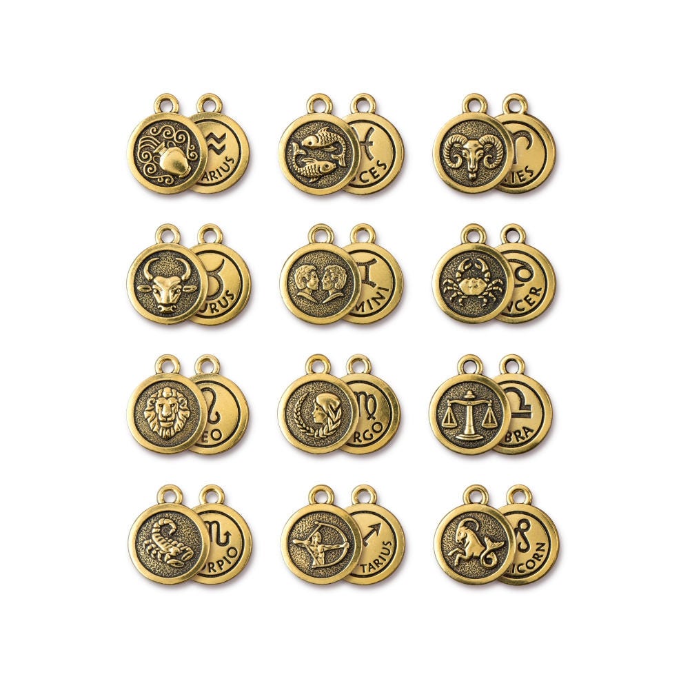 Zodiac Charm, Antique Gold-Plated Double-Sided Astrology Charms, Leo …