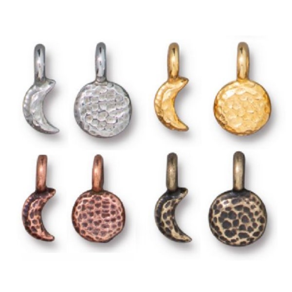 Crescent Moon or Full Moon Charms, TierraCast Bright Silver, Bright Gold, Antique Copper or Brass Ox-Plated Pewter,  Bulk Discounts