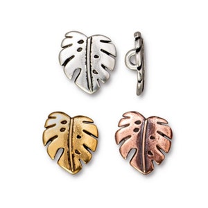 Monstera Leaf Button, TierraCast Antique Gold or Antique Copper Plated Pewter Shank Buttons image 2