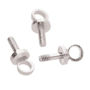 May include: Three silver screw-on eyelet findings with a round loop at the top. These findings are used for jewelry making.