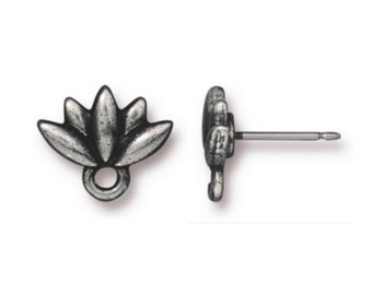 Lotus Earring Posts, TierraCast Antiqued Pewter, Titanium Shaft