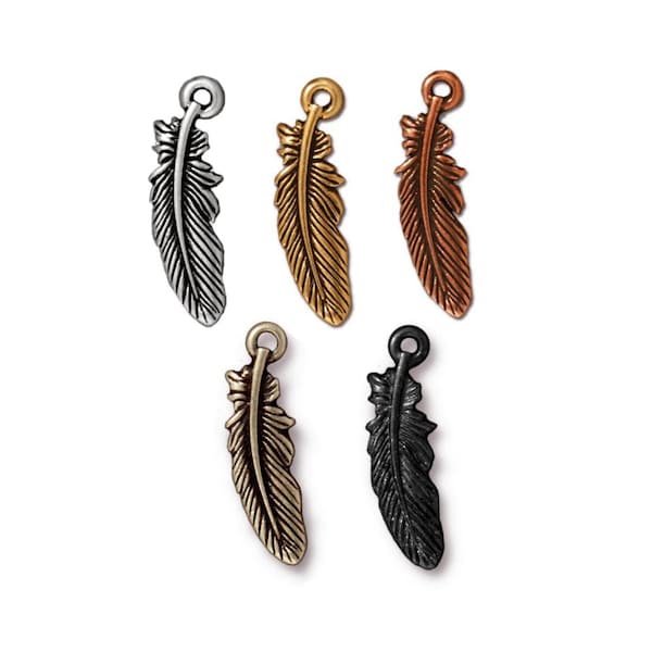 Small Feather Charm, TierraCast Antique Silver, Antique Gold or Brass Ox Plated Pewter