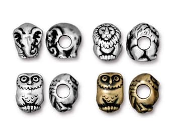 Elephant, Lion or Owl Beads TierraCast Antique Silver or Brass Ox-Plated Pewter, Large Hole Bead