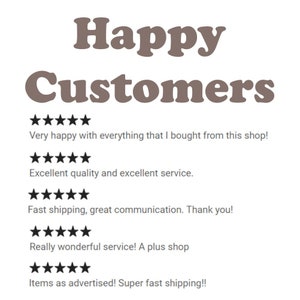 May include: Five-star reviews for a shop with text that reads "Happy Customers". The reviews praise the shop for its products, service, and fast shipping.