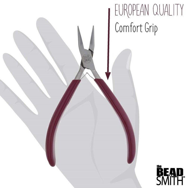 May include: Red handled pliers with a silver metal head. The pliers are labelled "CASUAL COMFORT". The text "EUROPEAN QUALITY Comfort Grip" is visible above the pliers. The text "the BEAD SMITH" is visible below the pliers.