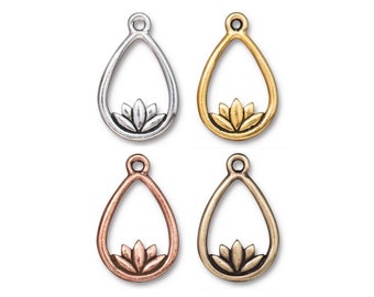 Lotus Teardrop Charm, TierraCast Antique Silver, Antique Gold, Antique Copper or Brass Ox-Plated Pewter, Bulk Discounts