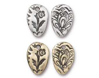 Flora Charm, TierraCast Antiqued Pewter or Brass Ox-Plated Pewter, 14x9.5mm, Reversible, Dulce Vida Collection