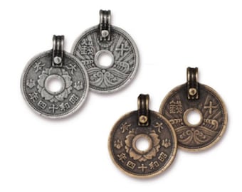 Asian Coin Pendant, TierraCast Antique Pewter or Brass Ox, Eastern Path Collection