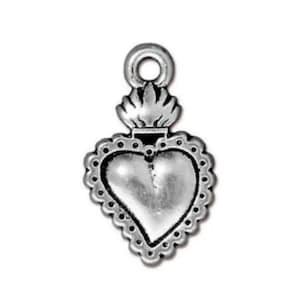 Milagro Heart Charm, TierraCast Silver Plated Pewter, Flaming Heart of Jesus