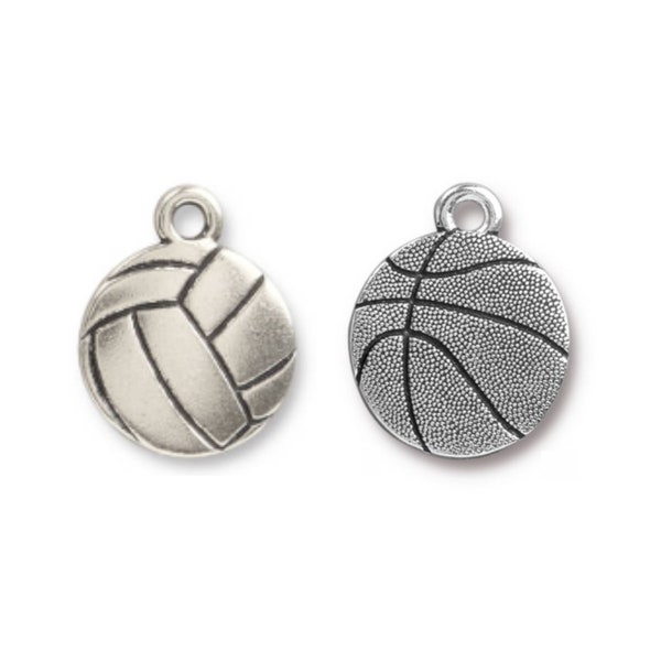 Volleyball Charm or Basketball Charm, TierraCast, Antique Silver-Plated Double-Sided Charms