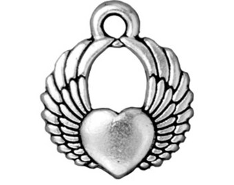 Winged Heart Charm, TierraCast Antique Silver or Brass Ox-Plated Pewter, Double-Sided Heart