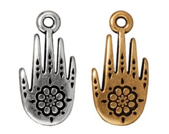 Henna Hand Charm, TierraCast Antique Silver or Antique Gold-Plated Pewter