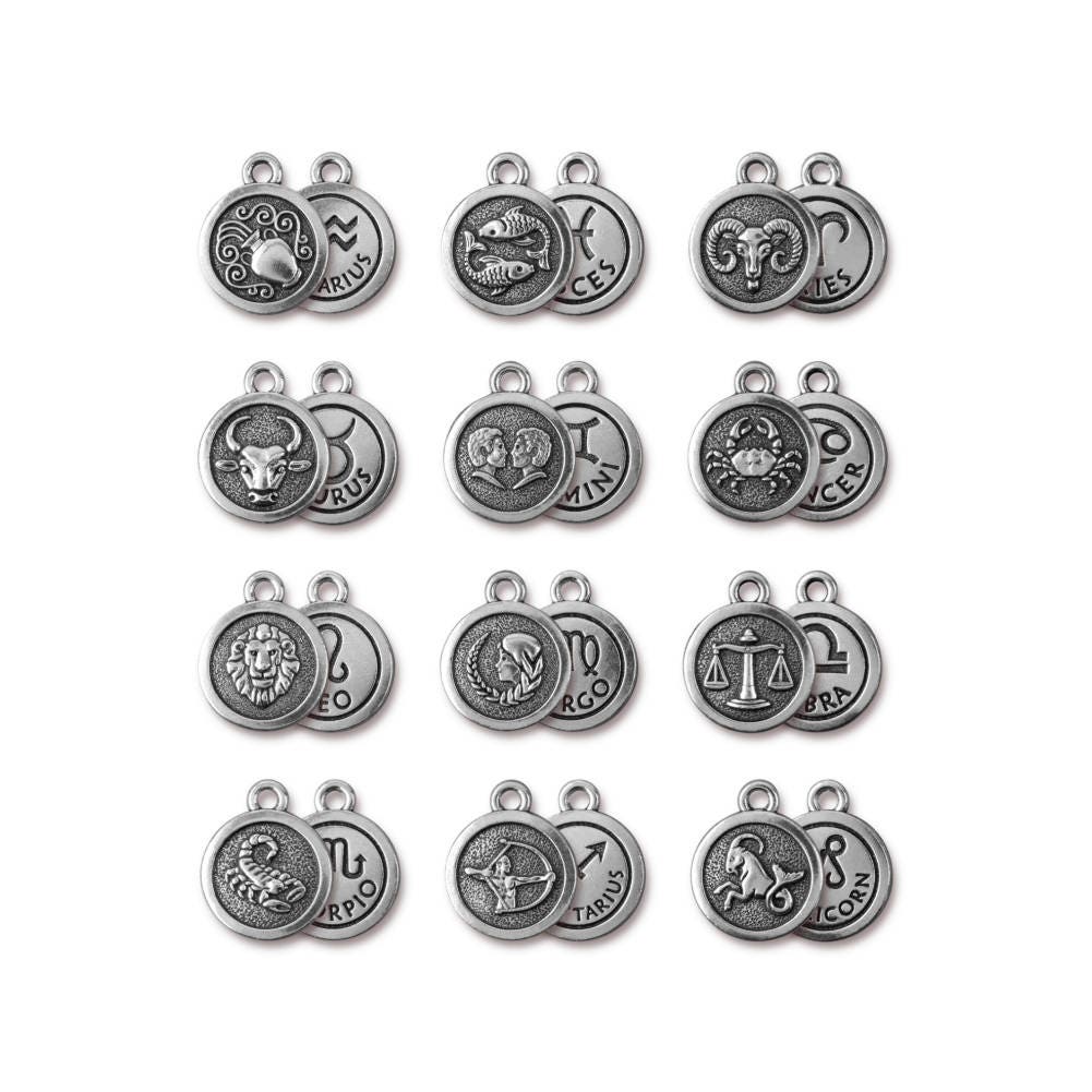 Zodiac Charm, Antique Silver-Plated Double-Sided Astrology Charms, Le…