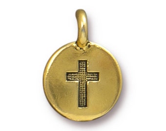 Cross Charm, TierraCast Antique Gold or Brass Ox-Plated Pewter