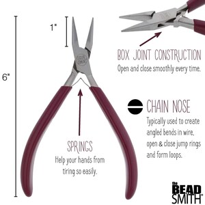 May include: A pair of red-handled chain nose pliers measuring 1 inch in length. The pliers feature a box joint construction and springs for ease of use. The pliers are used to create angled bends in wire, open and close jump rings, and form loops. The text "CASUAL COMFORT" is printed on the pliers. The text "CHAIN NOSE" is printed on the image. The text "BOX JOINT CONSTRUCTION" is printed on the image. The text "SPRINGS" is printed on the image. The text "the BEAD SMITH" is printed on the image.