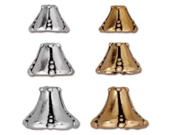 Bell Flower Cone Bead Caps, TierraCast Small, Medium, Large Antique Silver or Antique Gold-Plated Pewter