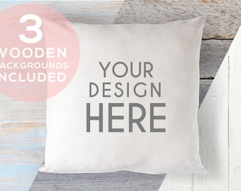 Cushion Mock Up Stock Photo - 3 Wooden Backgrounds Included - Styled Product Photograph A167