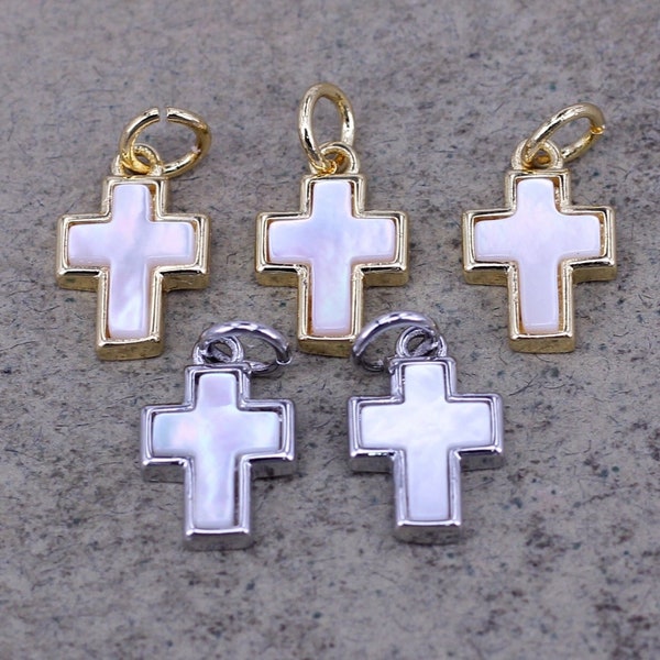 10pcs MOP Cross Charm,Gold Filled Tiny Cross Pendant,Unique Mother of Pearl Cross Charm,Religious Catholic Christian Jewelry Making,8.9x11mm