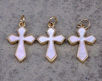 10pcs MOP Cross Charm, Gold Plated Tiny Cross Pendant, Mother of Pearl Cross Charm for Jewelry Making,13x18mm