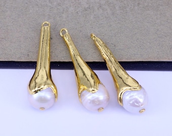 5pcs Long Teardrop Freshwater Pearl Pendants, Gold Electroplated Charms