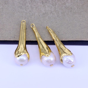 5pcs Long Teardrop Natural Freshwater Pearl Pendants, Gold Electroplated Long Drop Pearl Pendants for Jewelry Making