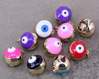 10pcs Gold Filled Jingle Bells Charms with Enamel Evil Eye, Round Shape Bell Charm, Evil Eye Charm For Jewelry Making,14mm