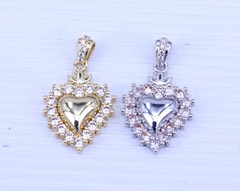 10 pcs breloque coeur flamme fine micro pavé CZ, breloque sacré coeur flamme flamme plaqué or, breloque religieux pour la fabrication de bijoux, 14 x 18 mm
