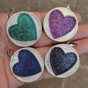 3pcs Gold & Black Tone Micro Paved Colorful CZ Large Round Heart Pendant for Necklace making,35mm