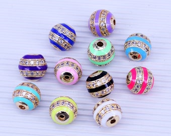 10/20pcs 10mm Enamel Round Shape Spacer Bead, Gold Filled Micro Pave CZ Spacer Beads, Round Ball Bead, Ball Loose Bead For Jewelry Making