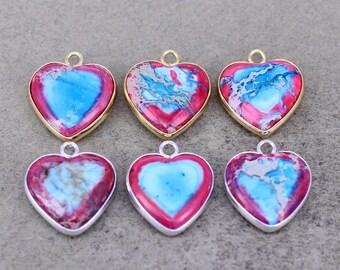 Colored Sea Sediment or Imperial Jasper Heart Necklace with Earrings 21 Inch Mulit