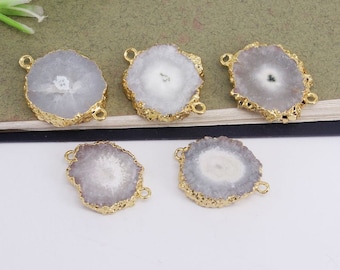 5pcs Druzy Agate Slice Connectors,Gold Metal Natural Druzy Gemstone Sun Flower Connectors Beads in White color,For Making Jewelry