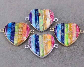 Colored Sea Sediment or Imperial Jasper Heart Necklace with Earrings 21 Inch Mulit