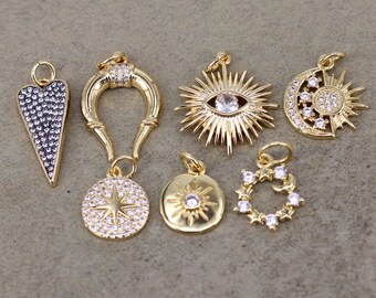 Jewelry making supplies 10pcs CZ Paved Gold Round Charm 18x17mm, GB-1871 Necklace pendant