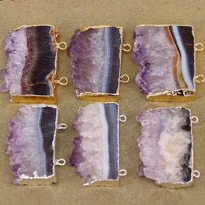 3-5pcs Rough Natural Amethyst Geode Pendants, Rectangle Druzy Amethyst Geode Slice Pendant, Amethyst Cluster Pendants For Making Jewelry