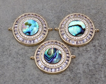 5pcs 21mm Gold Plated Micro Pave CZ Round Abalone Shell Connector For DIY Jewelry Making