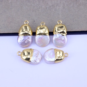 5pcs Gold Plated Flat Teardrop Natural Freshwater Pearl Charms, Baroque Freeform Pearl Charm, Pearl Add-on Charm For Jewelry Making